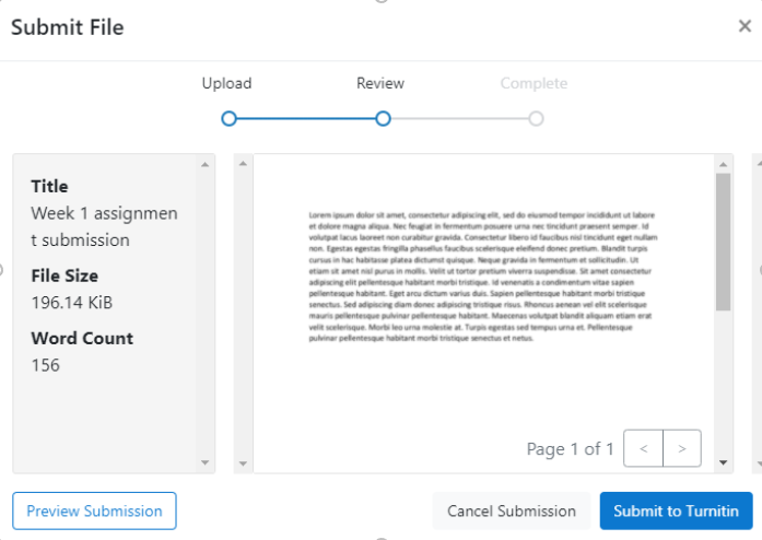 Screenshot showing an assignment preview, including the important "Submit to Turnitin" button at the bottom right
