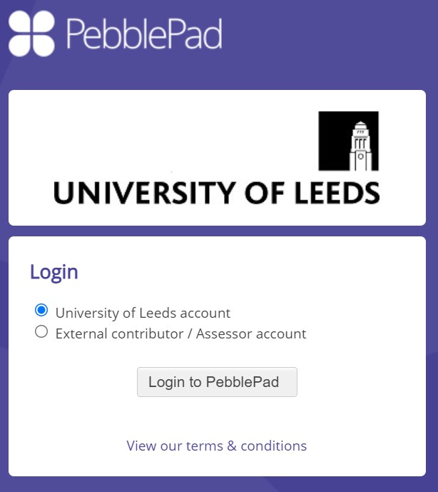 Screenshot of PebblePad Log in Page