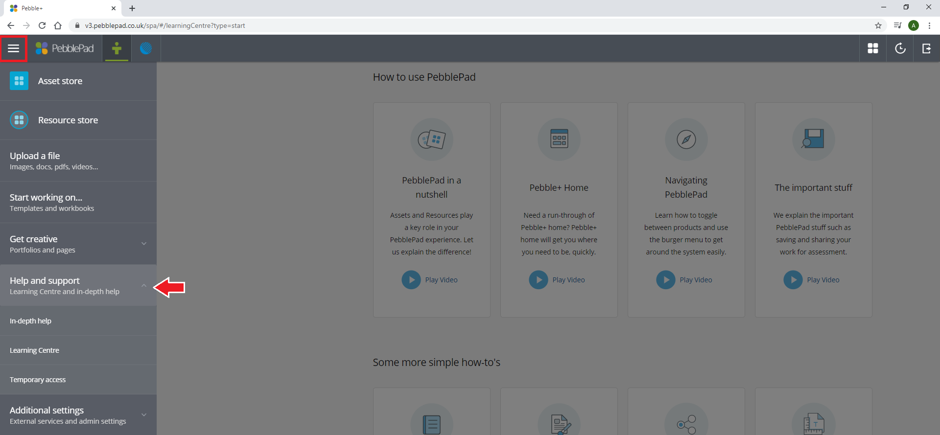 Screenshot of PebblePad Platform
