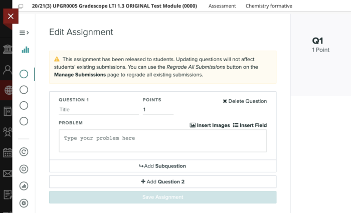 Online Assignment editing interface