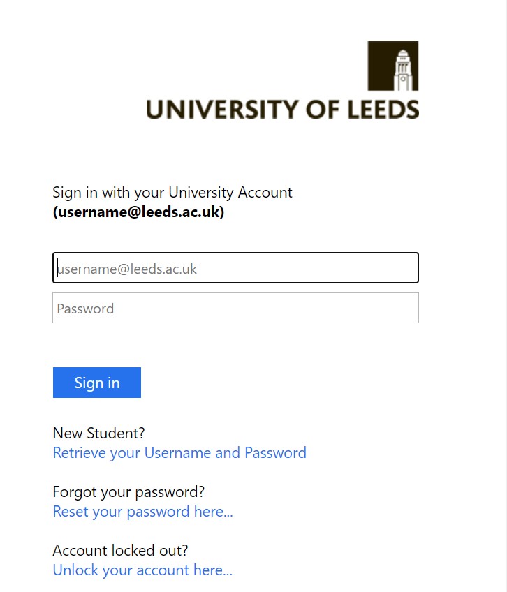 Screenshot of University of Leeds log in page