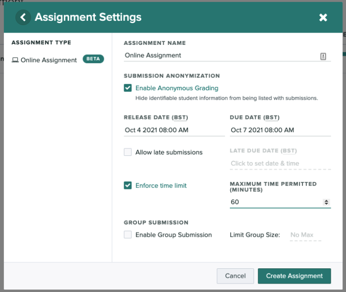Online assignment settings