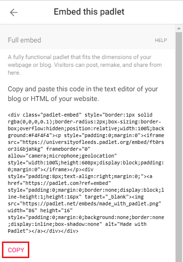 screenshot of padlet embed url and copy url button
