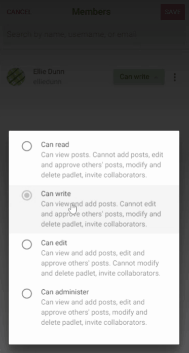 gif of editor clicking on grey background of padlet permissions and then clicking "Save"