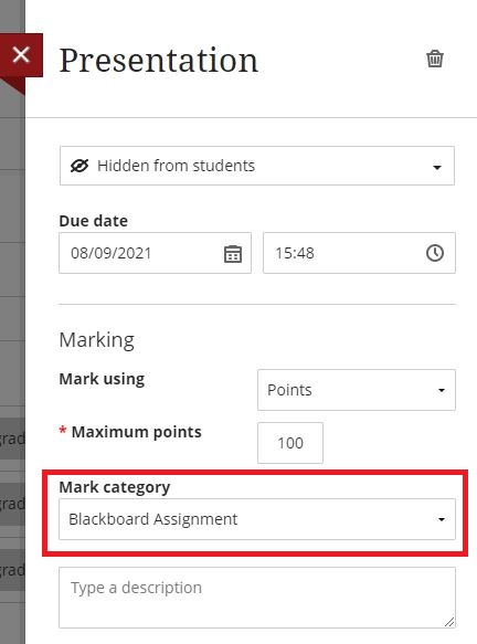 Image showing Category drop-down option in the settings for a gradable item in Gradebook.