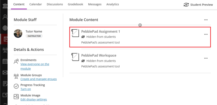 gif of highlighted pebblepad assignment link in minerva content area
