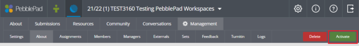 screenshot of activate workspace button in pebblepad