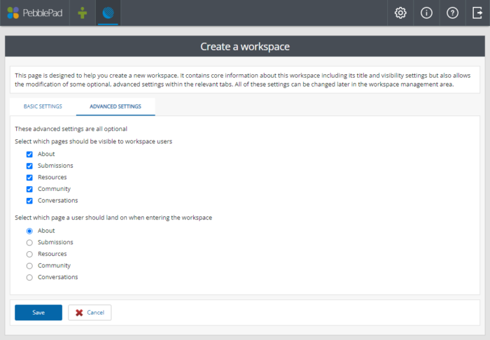 screenshot of advanced settings for creating a workspace in pebblepad atlas