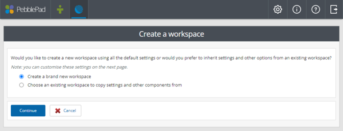 screenshot of pebblepad with create a brand new workspace selected