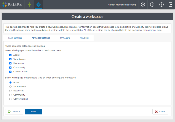 screenshot of advanced settings for creating a workspace in pebblepad atlas