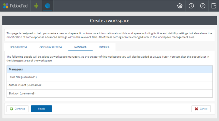 screenshot of managers tab when creating a workspace in pebblepad