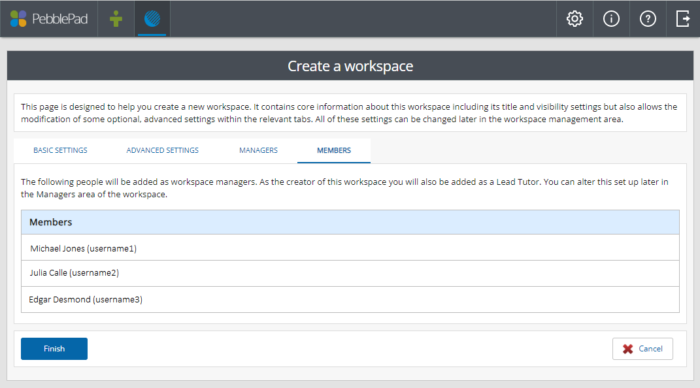 screenshot of members tab when creating a workspace in pebblepad