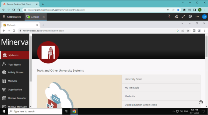 Screenshot of the Windows Virtual Desktop with a browser open and logged into Minerva.