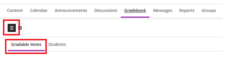 Image showing Gradable Items tab in Gradebook.