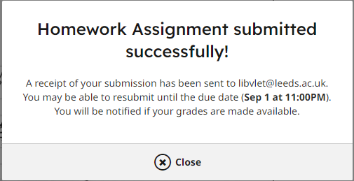 Assignment submitted successfully message
