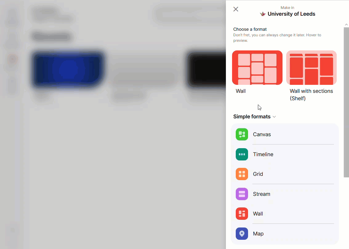 gif of editor hovering over padlet formats and choosing one
