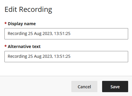 Image showing the window where the name and alt text for a recording can be edited.