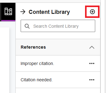 Image showing the + icon at the top right of the Content Library panel, which is used to create new comments.