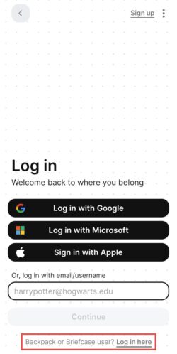 screenshot of padlet mobile app log in screen with briefcase user option highlighted