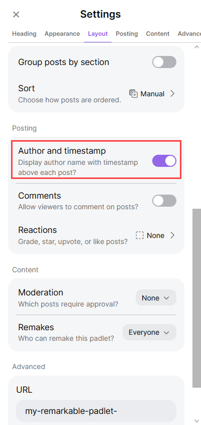 screenshot of author and timestamp setting in padlet