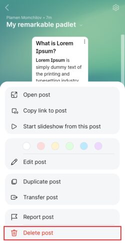 screenshot of padlet mobile app with highlighted delete post option