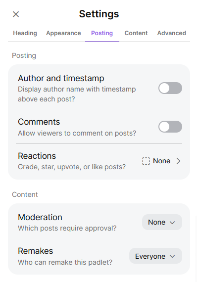screenshot of posting and content settings in padlet