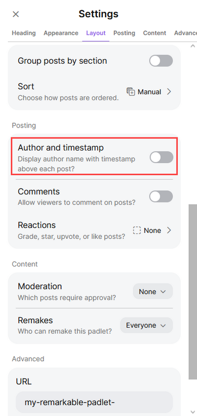 screenshot of author and timestamp setting off in padlet
