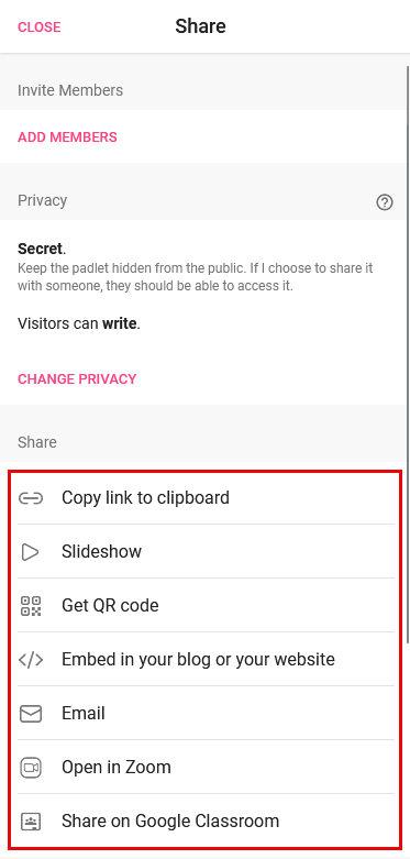 screenshot of highlighted share opitons in padlet