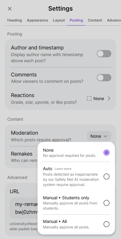 screenshot of moderation settings in padlet