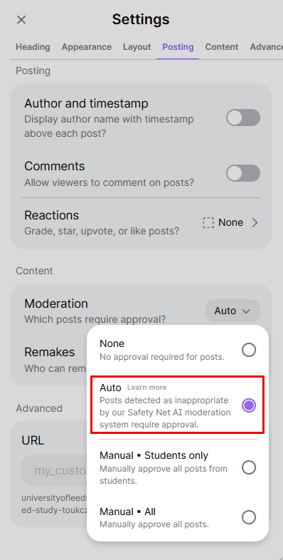 screenshot of moderator setting selected in padlet for profanity filter