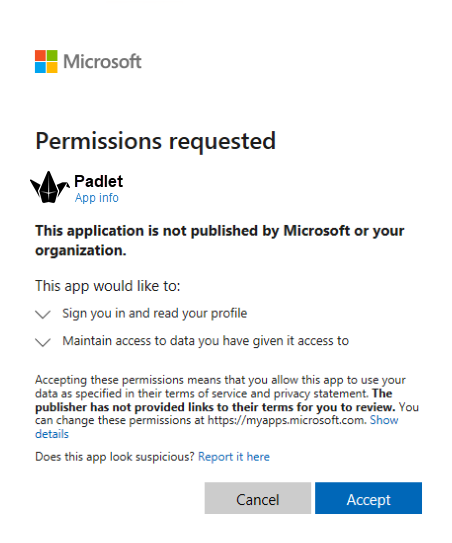 screenshot of padlet permissions requested