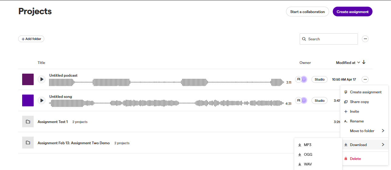 A view of the Projects page in Soundtrap. A project options menu is opened showing several options including a Download section with MP3, OGG and WAV options.