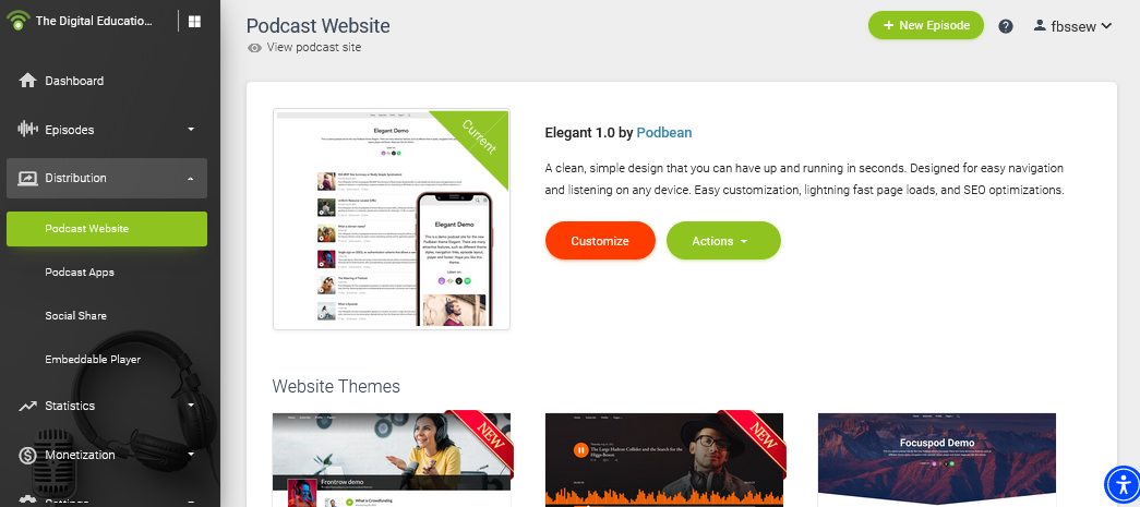 The Podcast Website page. The default template shows a Title and Description for your channel with episodes listed below in a row, on both desktop and mobile.