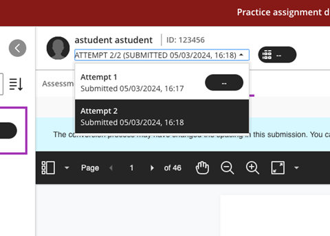 Grading interface of an assignment in Minerva showing a drop-down menu layout when multiple attempts of a submission is made.