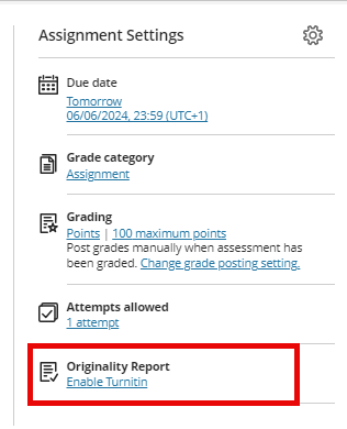 Assignment settings menu highlighting the Enable Turnitin option.