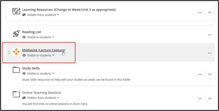 Mediasite link being selected from Minerva module.