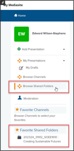 Mediasite menu with browse shared folders option highlighted.