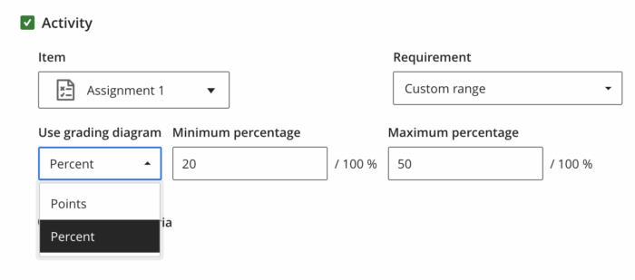 Image showing boxes for setting a custom range for grades. 