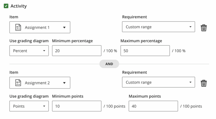 Image showing Performance criteria including 2 different graded items, each with a different custom grades range.