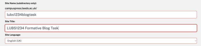 image shows fields to complete to add a site name and title