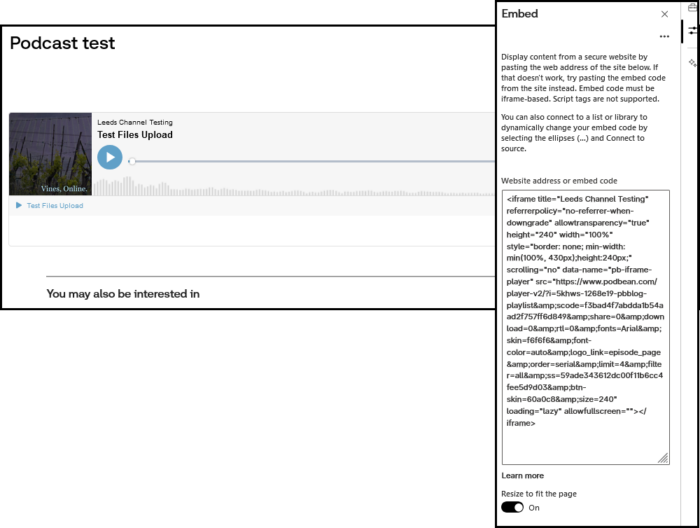 Screenshot of Sharepoint, showing an audio player with the Embed sidebar showing the code used to add the tool.
