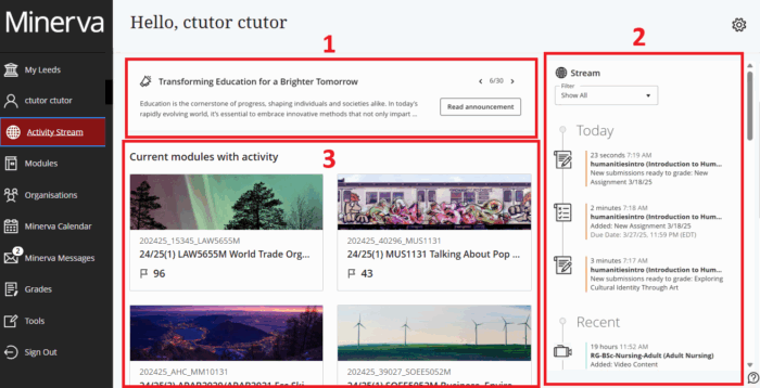 Image of Activity Stream showing the 3 sections described in the text above.