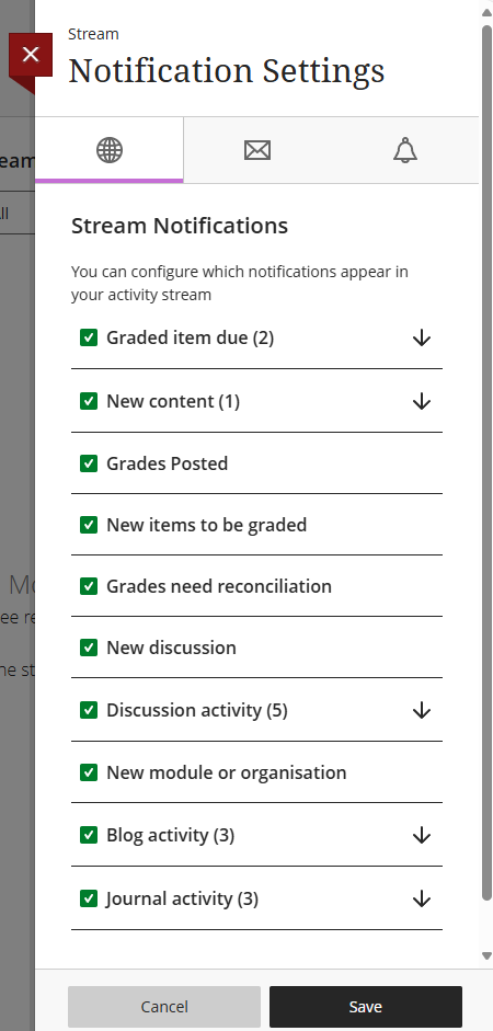 Activity Stream notification settings