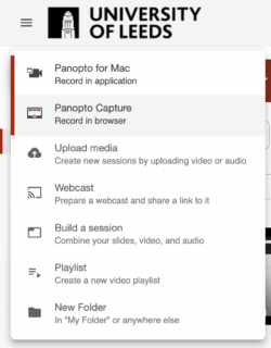 an image showing the recording options in the Panopto create downdown menu.