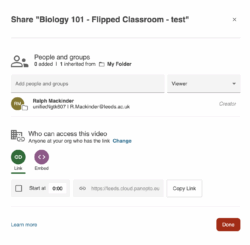 a screen shot showing the standard sharing box in Panopto.