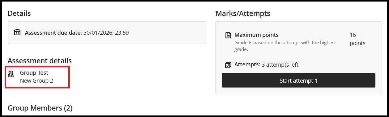 Screen where information about a group Test appears