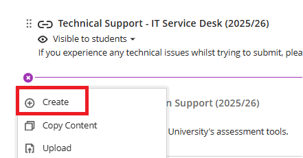 Create option visible when clicking on the + icon.