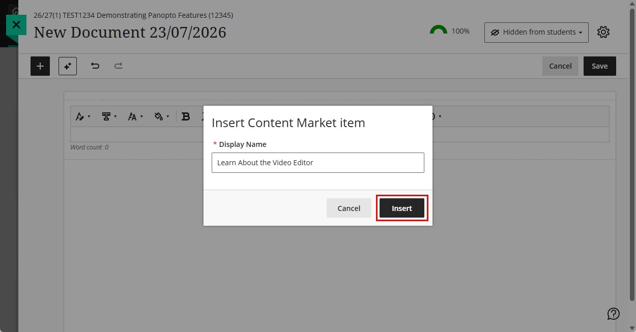 screenshot of highlighted insert button in minerva