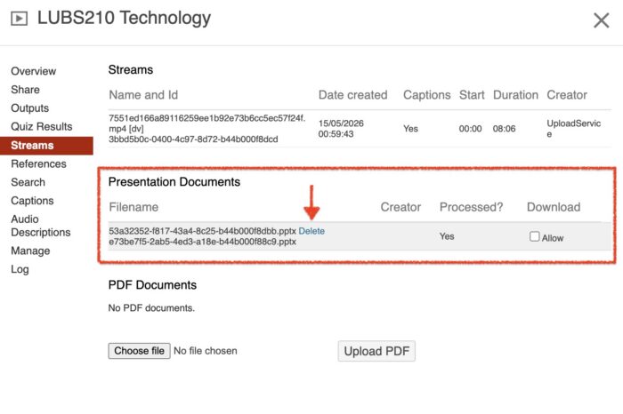 a menu showing the panopto slide files list with red arrow and box highlighting the menu item.